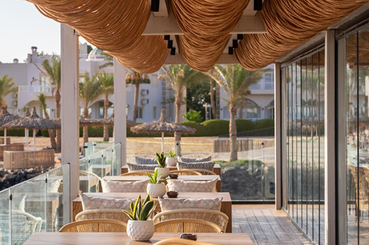 Terrasse mit Holztischen, Stühlen und Pflanzen in weißen Übertöpfen unter geflochtenen Lampenschirmen mit Blick auf Palmen und Gebäude